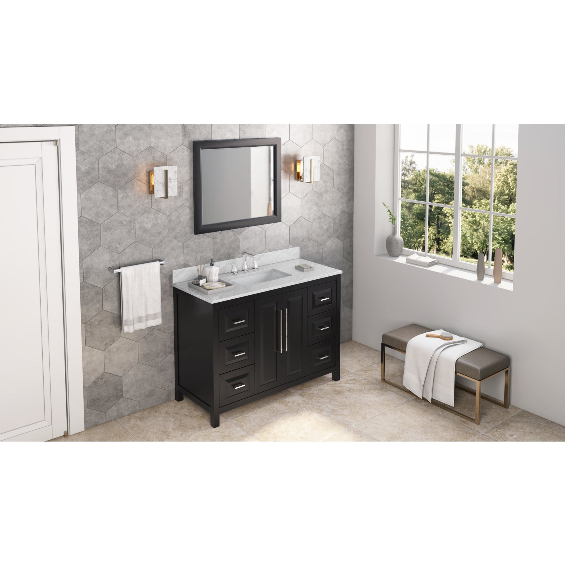 JEFFREY ALEXANDER VKITCAD48BKWCR 48" Black Cade Vanity, White Carrara Marble Vanity Top, undermount rectangle bowl - Black