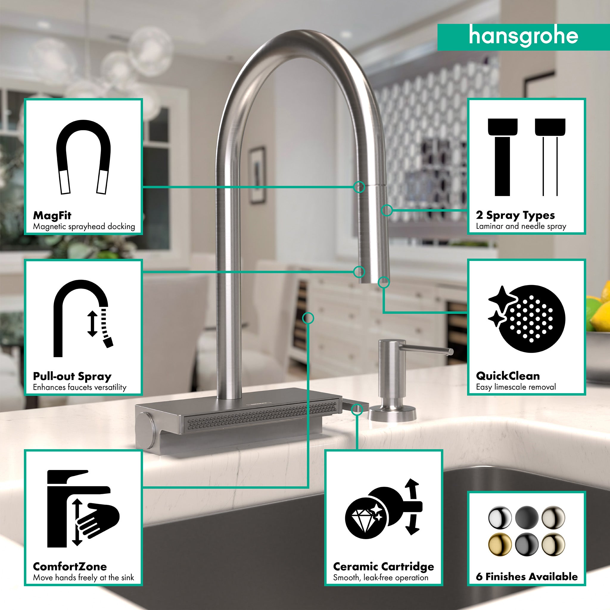HANSGROHE 73837801 Aquno Select HighArc Kitchen Faucet, 3-Spray Pull-Down, 1.75 GPM - Stainless Steel Optic
