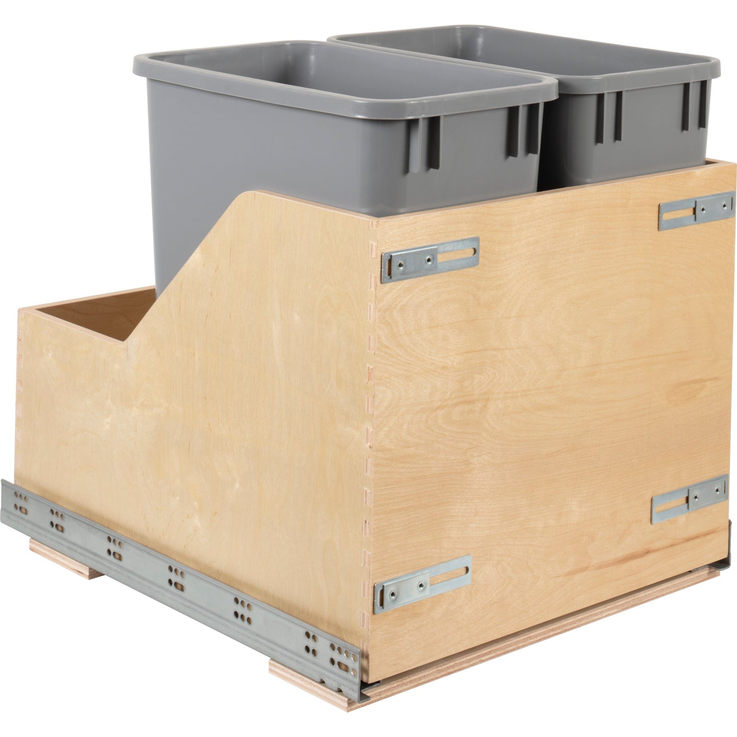 HARDWARE RESOURCES CDM-WBMD3521G Double 35 Quart Wood Bottom-Mount Soft-close Trashcan Rollout for Door Mounting, Includes Two Grey Cans and Door Joining Bracket - Grey