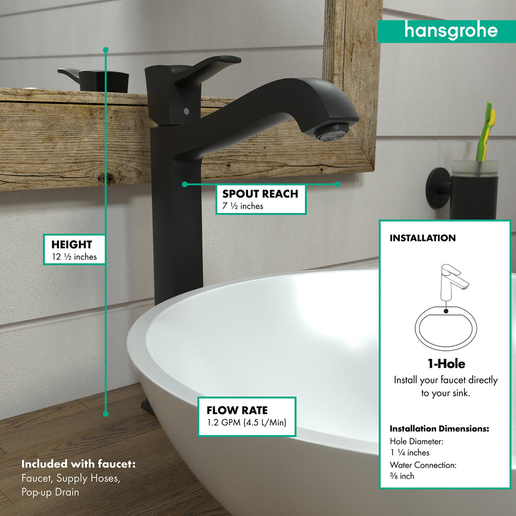 HANSGROHE 31303671 Metropol Classic Single-Hole Faucet 260 with Pop-Up Drain, 1.2 GPM - Matte Black