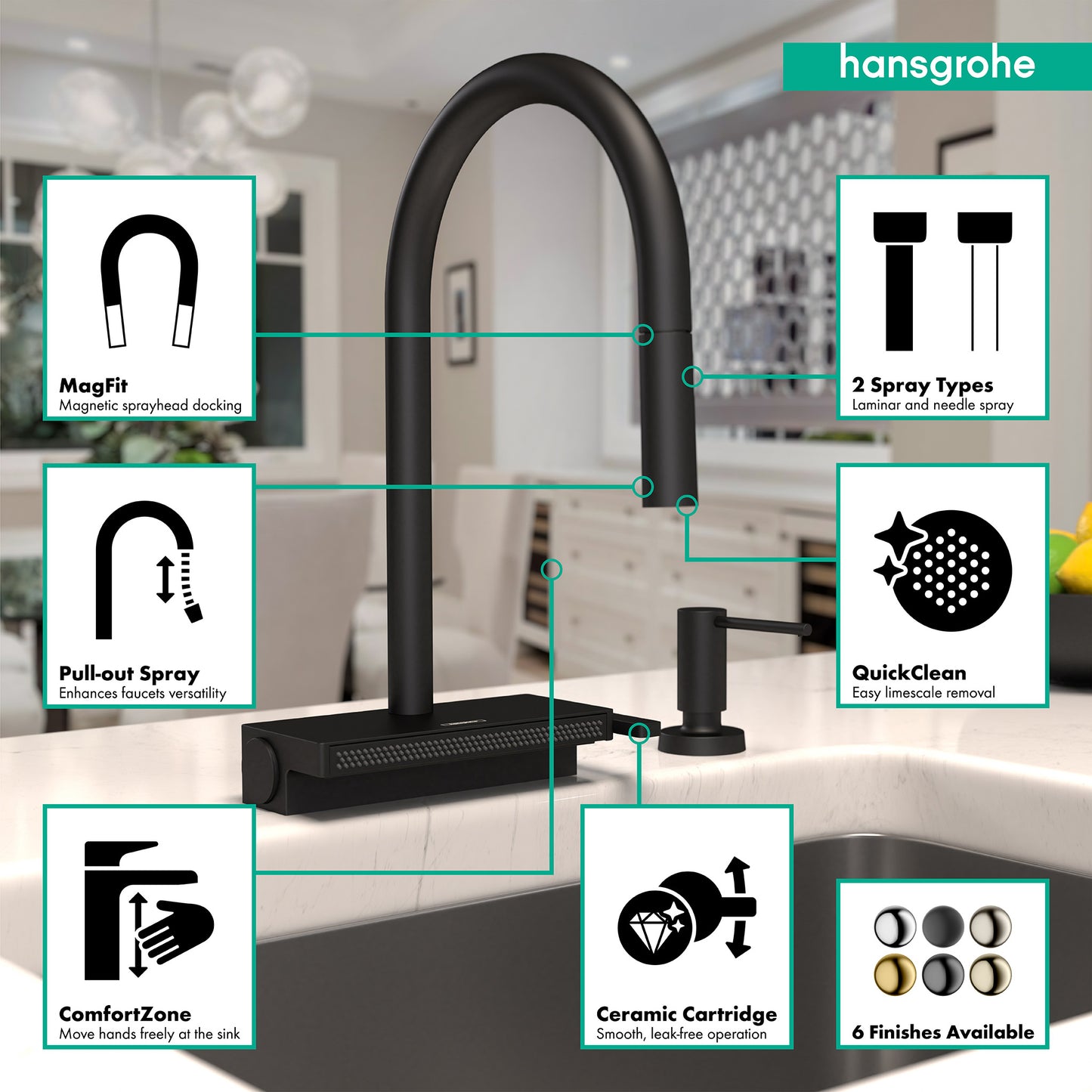 HANSGROHE 73837671 Aquno Select HighArc Kitchen Faucet, 3-Spray Pull-Down, 1.75 GPM - Matte Black