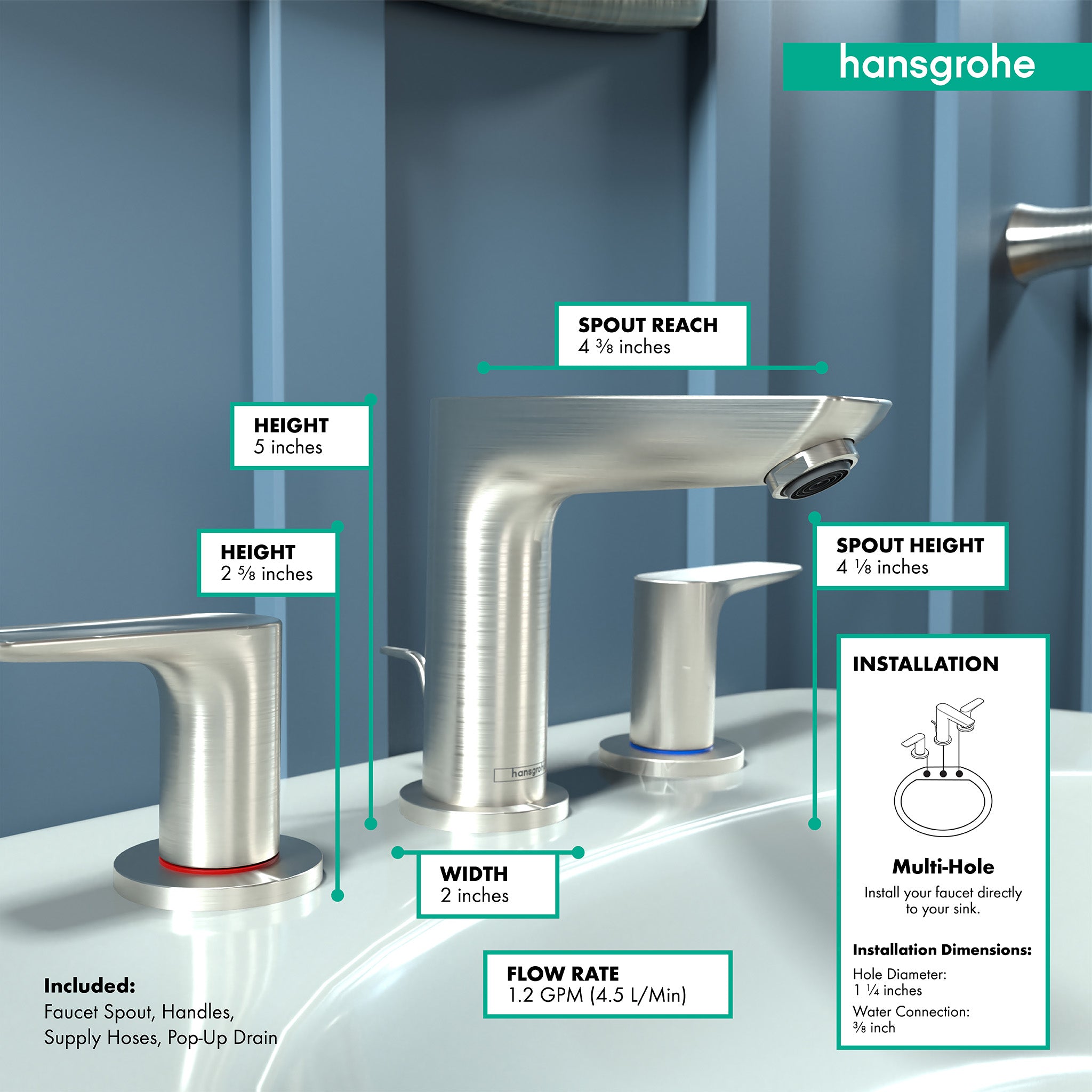 HANSGROHE 71733821 Talis E Widespread Faucet 150 with Pop-Up Drain, 1.2 GPM - Brushed Nickel