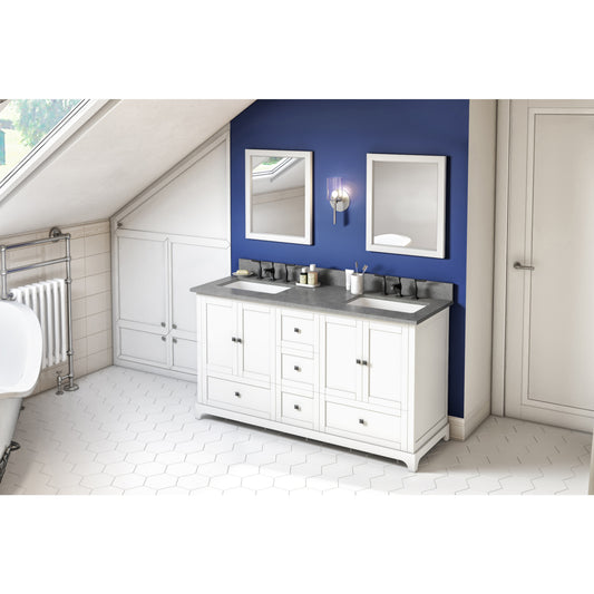 Jeffrey Alexander VKITADD60WHSGR 60" White Addington Vanity, double bowl, Steel Grey Cultured Marble Vanity Top, two undermount rectangle bowls in White