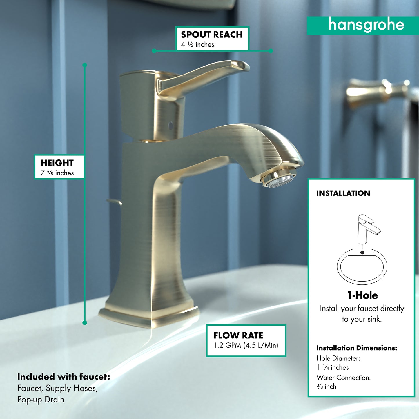 HANSGROHE 31300141 Brushed Bronze Metropol Classic Classic Single Hole Bathroom Faucet 1.2 GPM