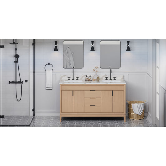 JEFFREY ALEXANDER VKITTHE60NOCQR Theodora 60" Double Bathroom Vanity Set - Natural Oak
