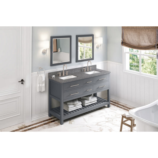 JEFFREY ALEXANDER VKITWAV60GRBOR 60" Grey Wavecrest Vanity, double bowl, Boulder Cultured Marble Vanity Top, two undermount rectangle bowls , Grey