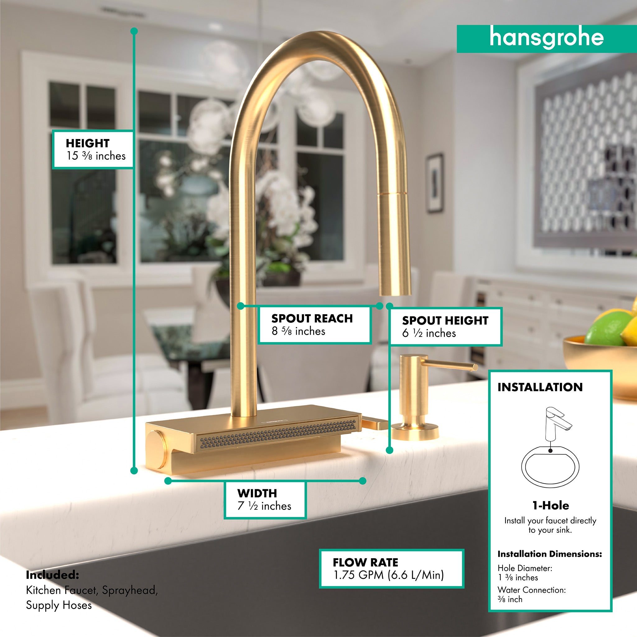 HANSGROHE 73831251 Aquno Select HighArc Kitchen Faucet, 3-Spray Pull-Down with sBox, 1.75 GPM - Brushed Gold Optic