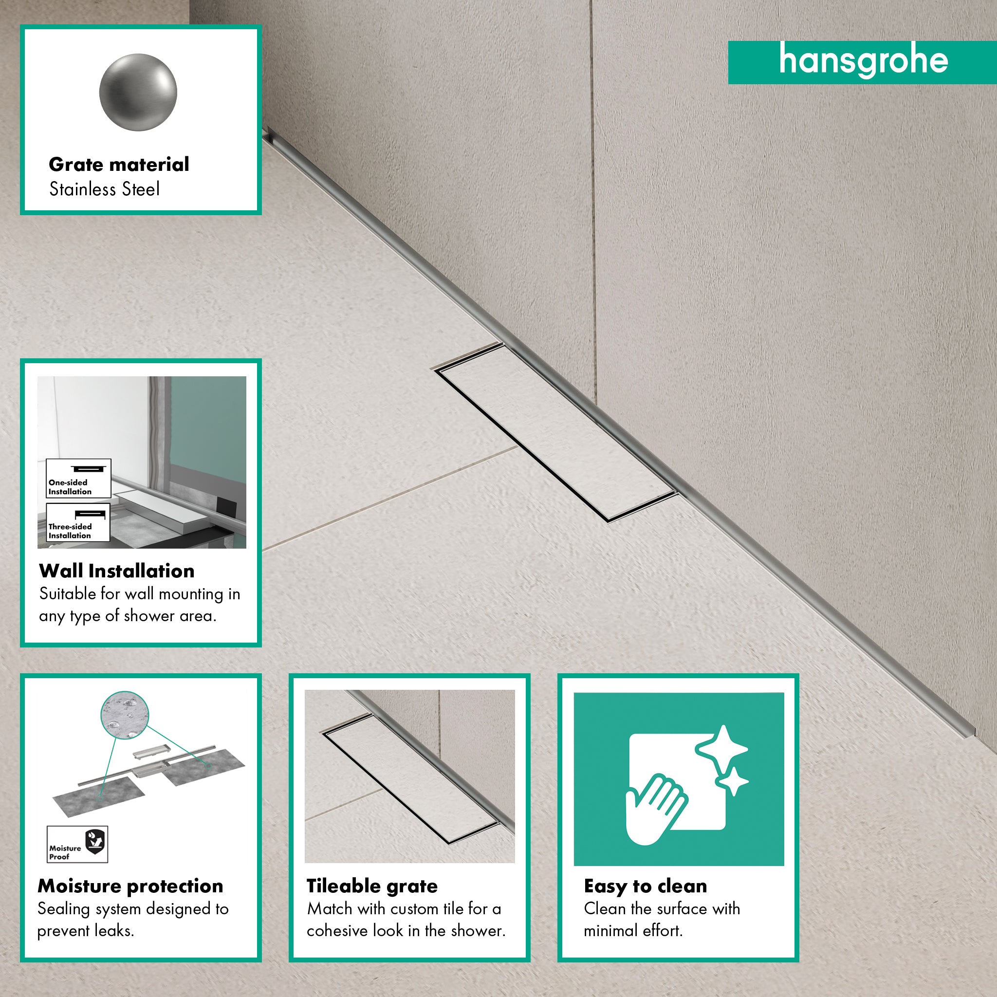 HANSGROHE 56222001 RainDrain Minimalistic Complete Set 2", 39 3/8" Trim and Installation Set - Brushed Stainless Steel