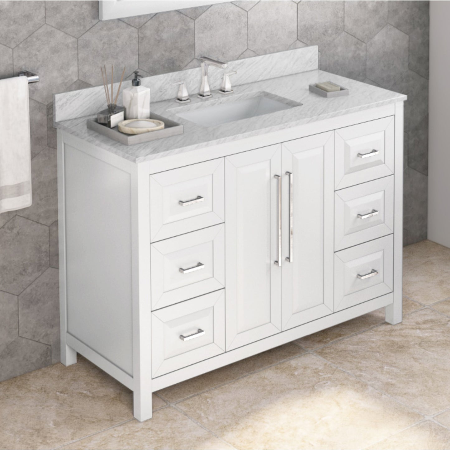 JEFFREY ALEXANDER VKITCAD48WHWCR 48" White Cade Vanity, White Carrara Marble Vanity Top, undermount rectangle bowl - White