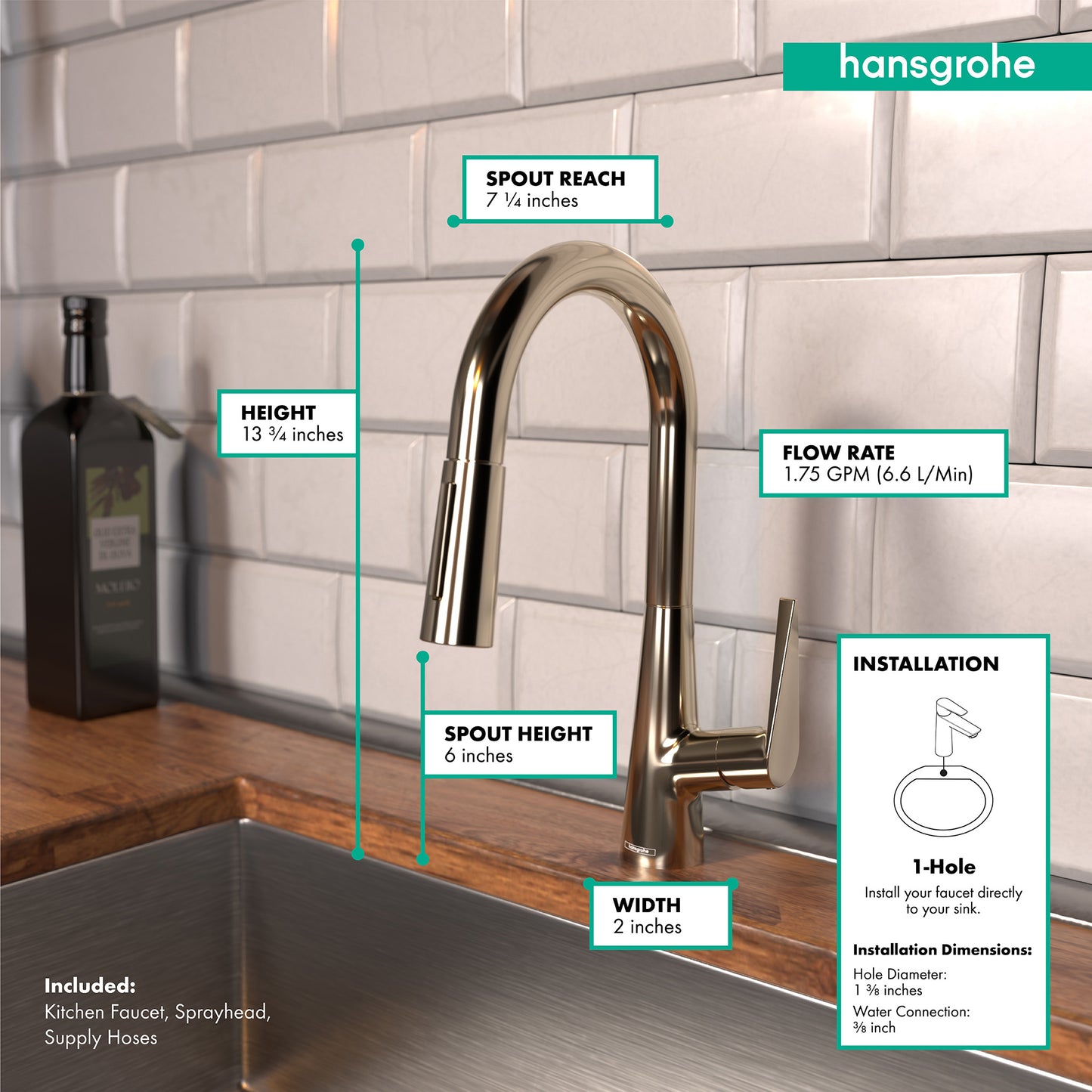 HANSGROHE 72815831 Talis S Prep Kitchen Faucet, 2-Spray Pull-Down, 1.75 GPM - Polished Nickel