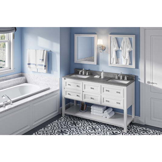Jeffrey Alexander VKITADL60WHSGR 60" White Adler Vanity, double bowl, Steel Grey Cultured Marble Vanity Top, two undermount rectangle bowls in White