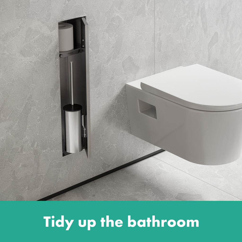 HANSGROHE 56060800 XtraStoris Rock Recessed Toilet Brush Holder with Shelf & Tileable Door - Brushed Stainless Steel