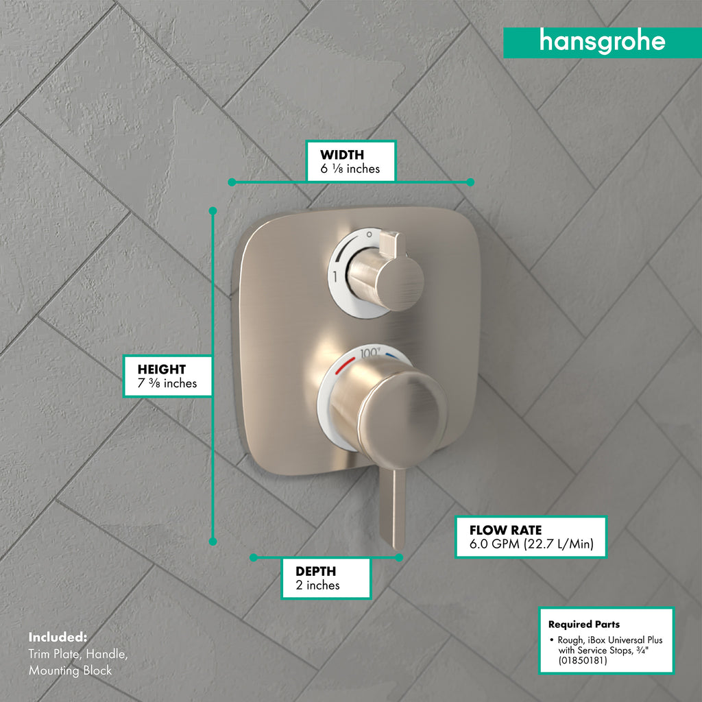 HANSGROHE 15708821 Ecostat E Thermostatic Trim with Volume Control and Diverter - Brushed Nickel