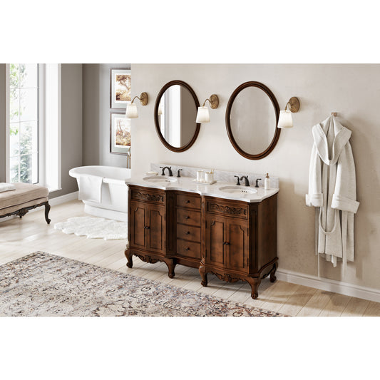 Jeffrey Alexander VKITCLA60NUWCO 60" Nutmeg Clairemont Vanity, double bowl, Clairemont-only White Carrara Marble Vanity Top, two undermount oval bowls in Nutmeg