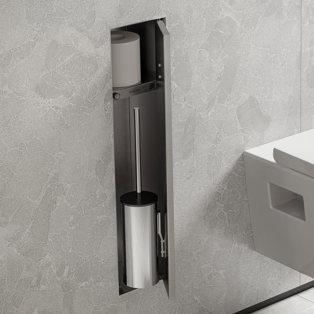 HANSGROHE 56060800 XtraStoris Rock Recessed Toilet Brush Holder with Shelf & Tileable Door - Brushed Stainless Steel