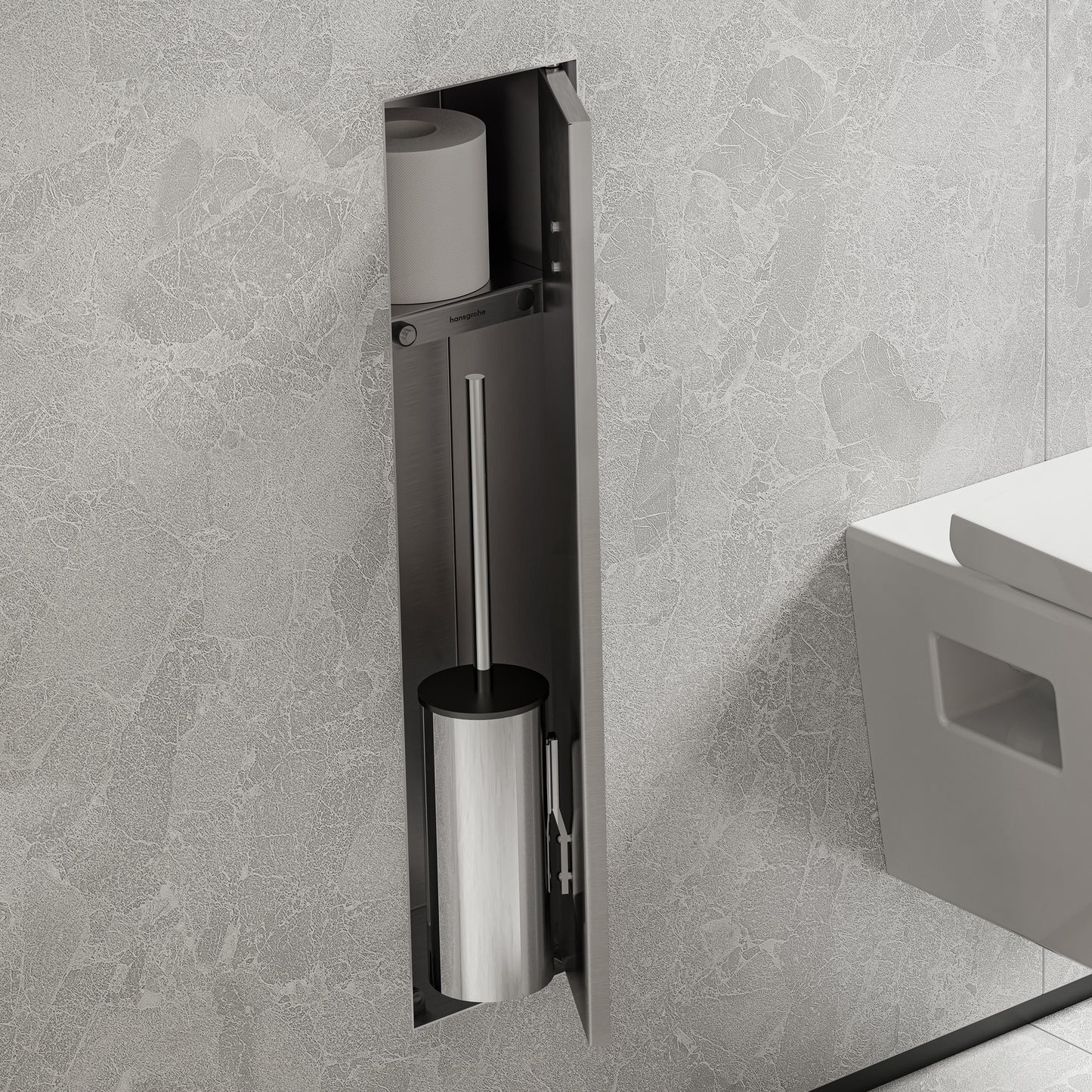 HANSGROHE 56060800 XtraStoris Rock Recessed Toilet Brush Holder with Shelf & Tileable Door - Brushed Stainless Steel