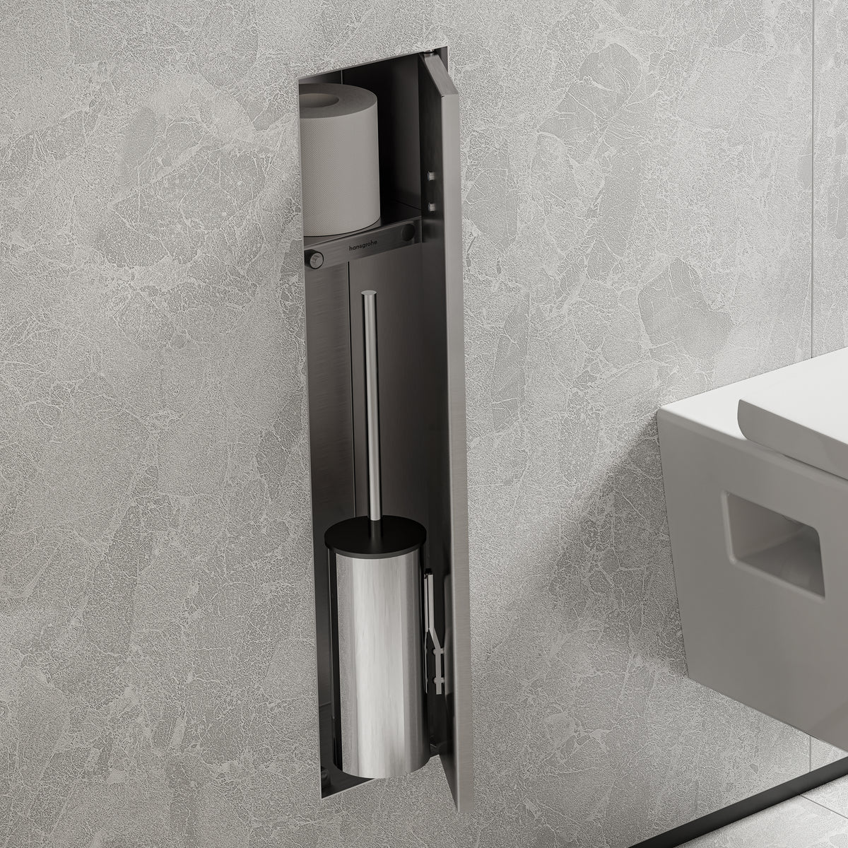 HANSGROHE 56060800 XtraStoris Rock Recessed Toilet Brush Holder with Shelf & Tileable Door - Brushed Stainless Steel