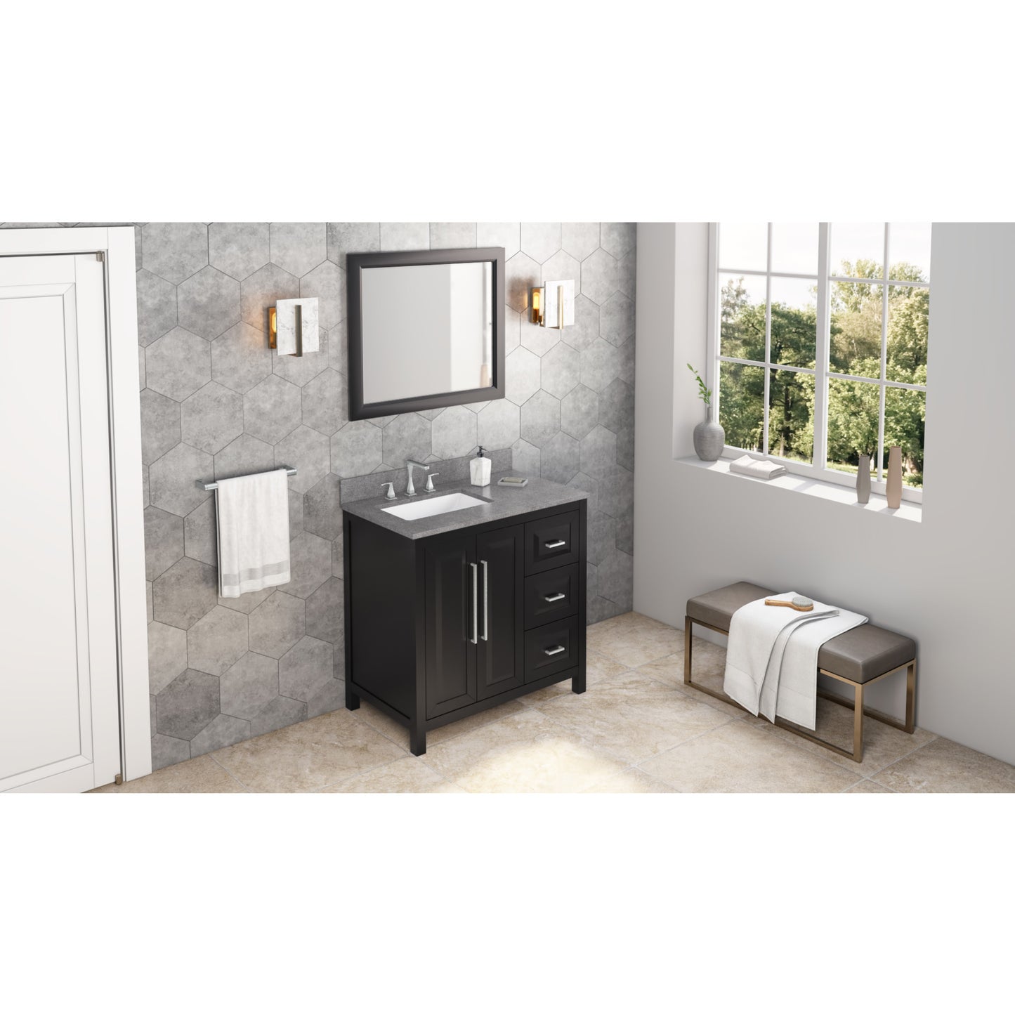 JEFFREY ALEXANDER VKITCAD36BKSGR 36" Black Cade Vanity, left offset, Steel Grey Cultured Marble Vanity Top, undermount rectangle bowl - Black