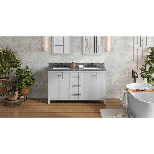 JEFFREY ALEXANDER VKITKAT60GRBOR 60" Grey Katara Vanity, double bowl, Boulder Cultured Marble Vanity Top, two undermount rectangle bowls , Grey