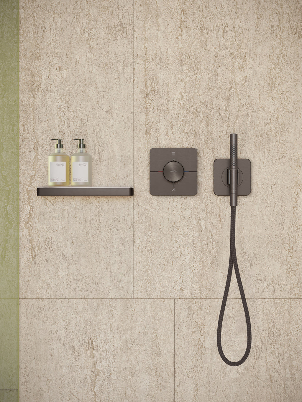 AXOR 49626341 Citterio C Handshower Holder Softsquare with Outlet 5"x5" with Handshower and Textile Hose, 2.5 GPM - Brushed Black Chrome