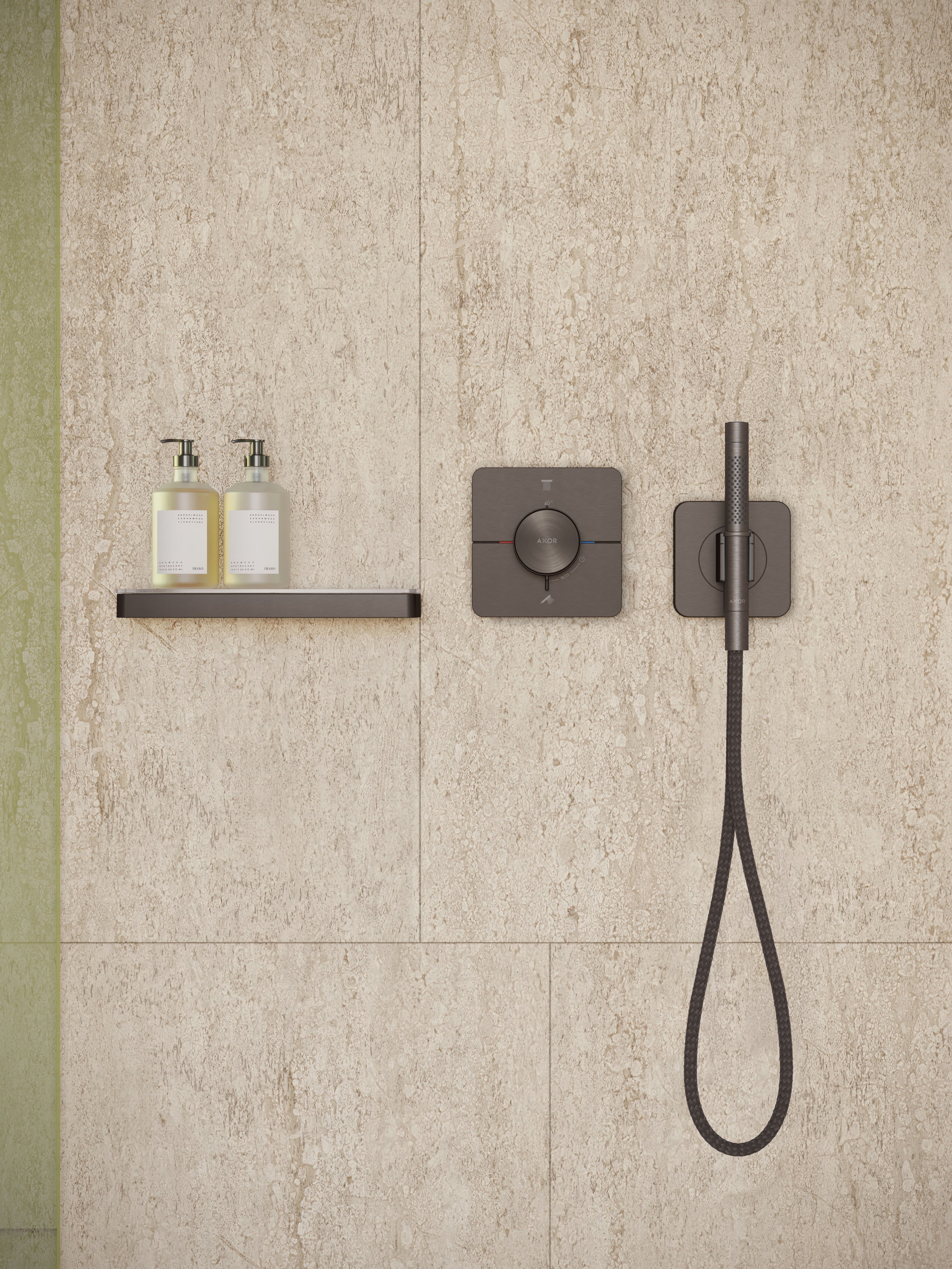 AXOR 49626341 Citterio C Handshower Holder Softsquare with Outlet 5"x5" with Handshower and Textile Hose, 2.5 GPM - Brushed Black Chrome