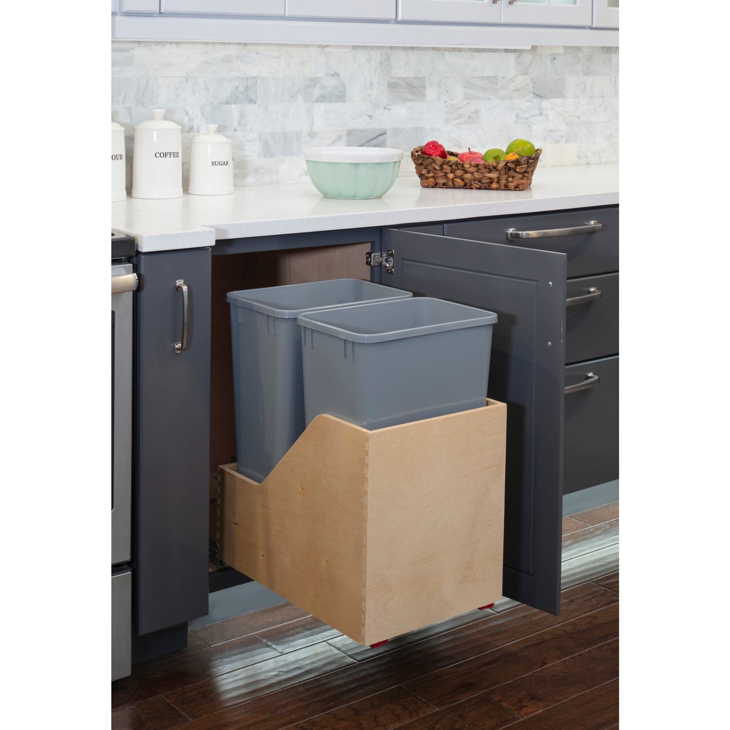 HARDWARE RESOURCES CAN-WBMD50G Double 50 Quart Wood Bottom-Mount Soft-close Trashcan Rollout for Hinged Doors, Includes Two Grey Cans - Grey