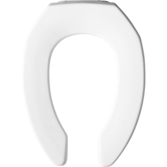 Bemis Elongated Open Front Less Cover Commercial Plastic Toilet Seat in White with STA-TITE Commercial Fastening System Self-Sustaining Check Hinge and DuraGuard