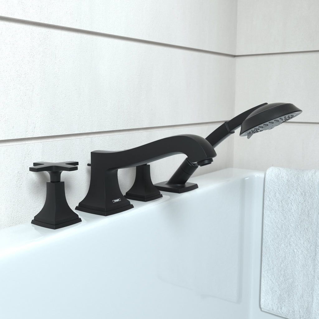 HANSGROHE 31449671 Metropol Classic 4-Hole Roman Tub Set Trim with Cross Handles and 1.8 GPM Handshower - Matte Black