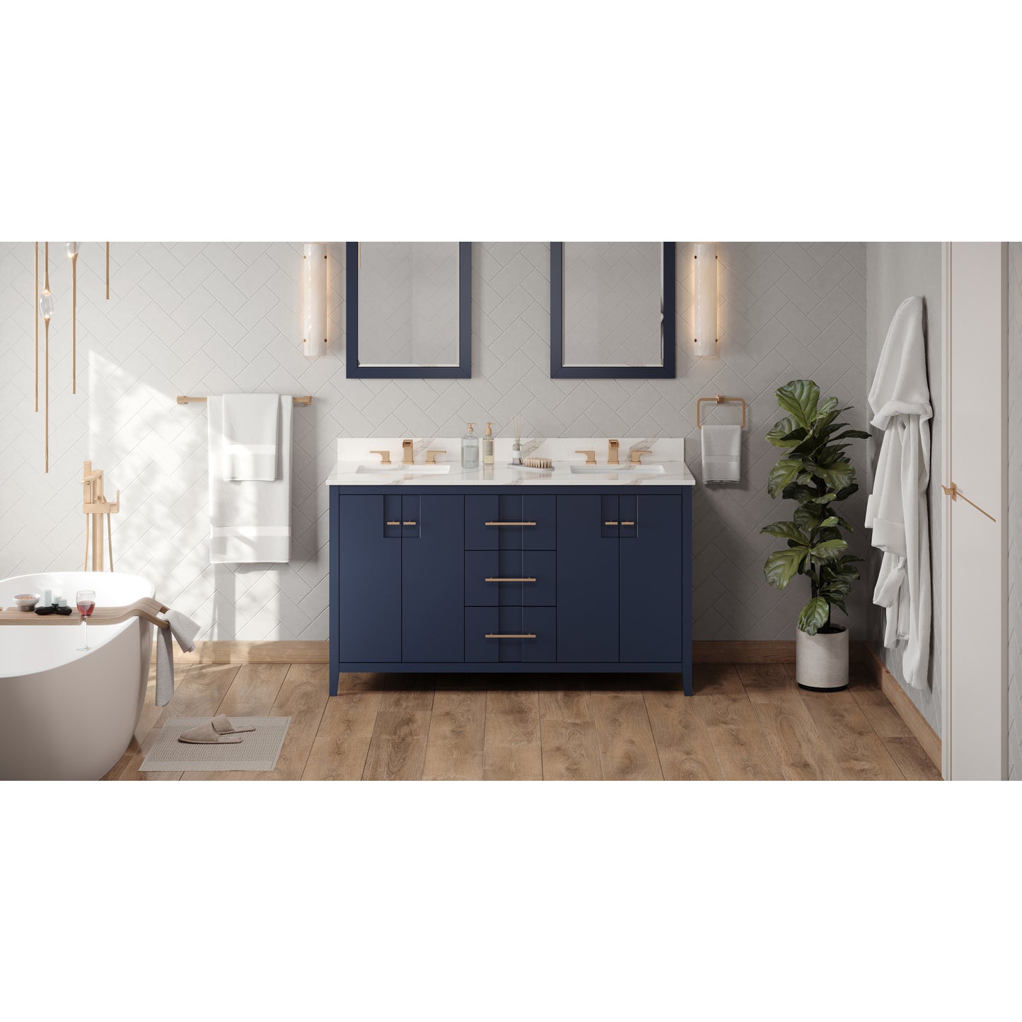 JEFFREY ALEXANDER VKITKAT60BLCQR 60" Hale Blue Katara Vanity, double bowl, Calacatta Vienna Quartz Vanity Top, two undermount rectangle bowls , Hale Blue