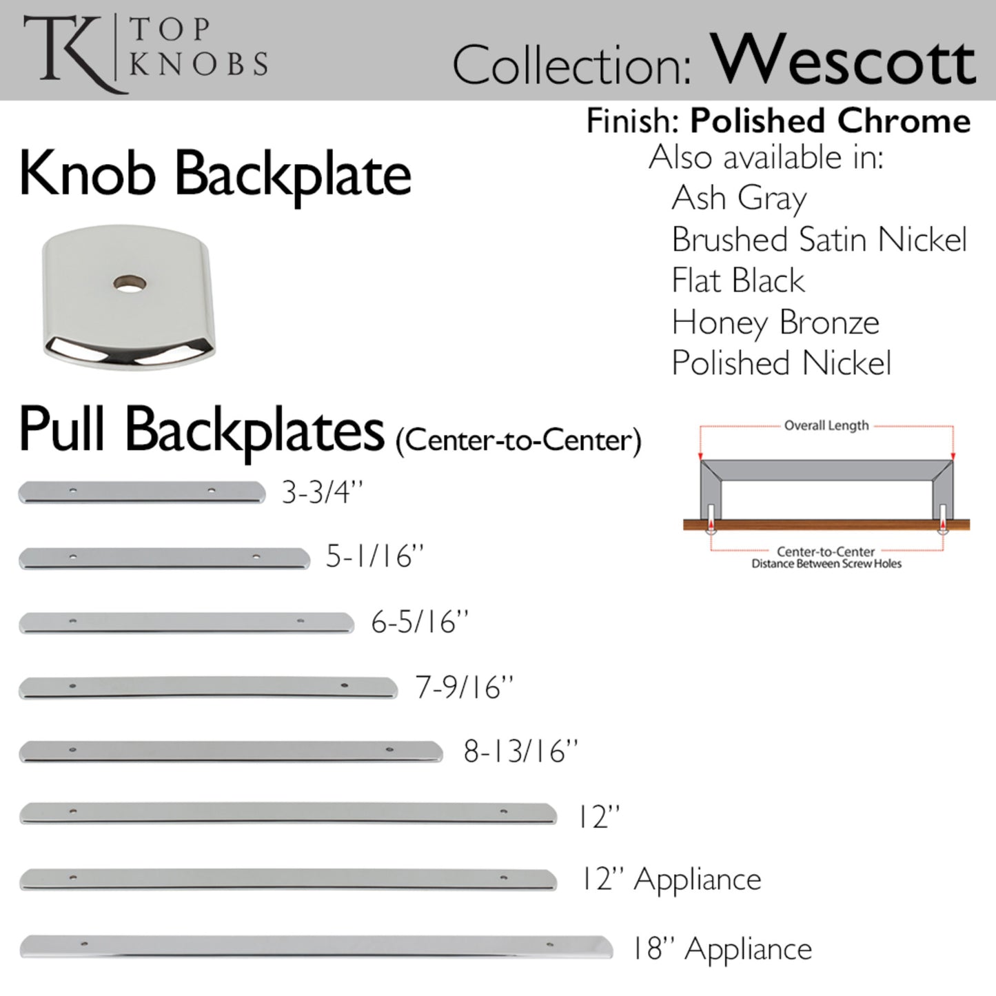 TOP KNOBS TK3277PC Wescott Pull Backplate - Polished Chrome