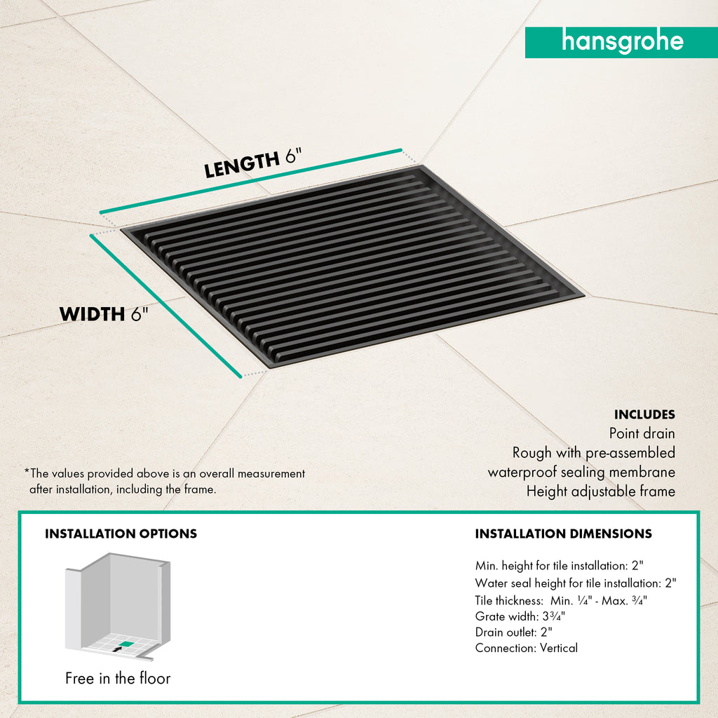 HANSGROHE 56136801 RainDrain Brilliance Point Drain Set 6"x 6" Trim with Height Adjustable Frame and Rough - Brushed Stainless Steel