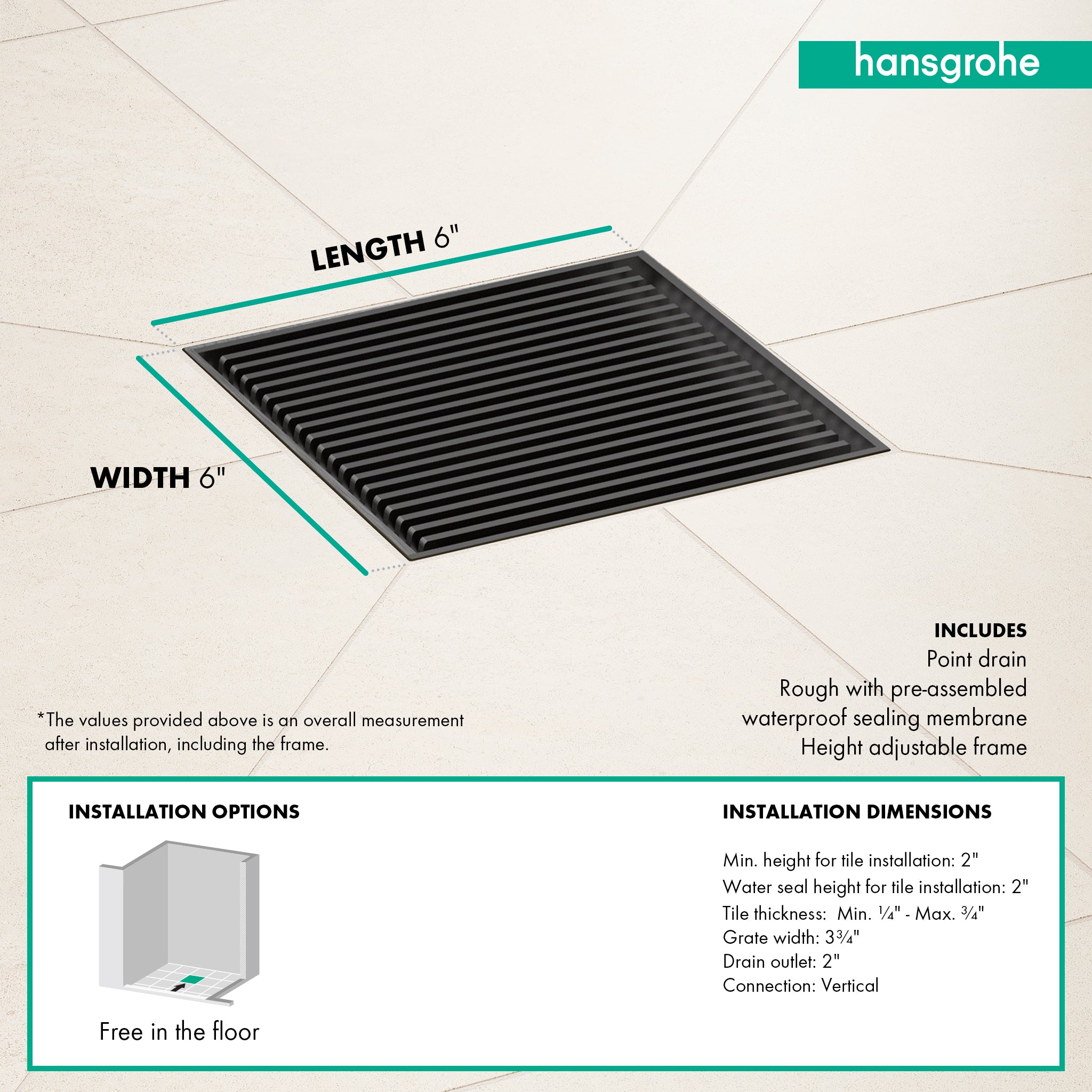 HANSGROHE 56136801 RainDrain Brilliance Point Drain Set 6"x 6" Trim with Height Adjustable Frame and Rough - Brushed Stainless Steel