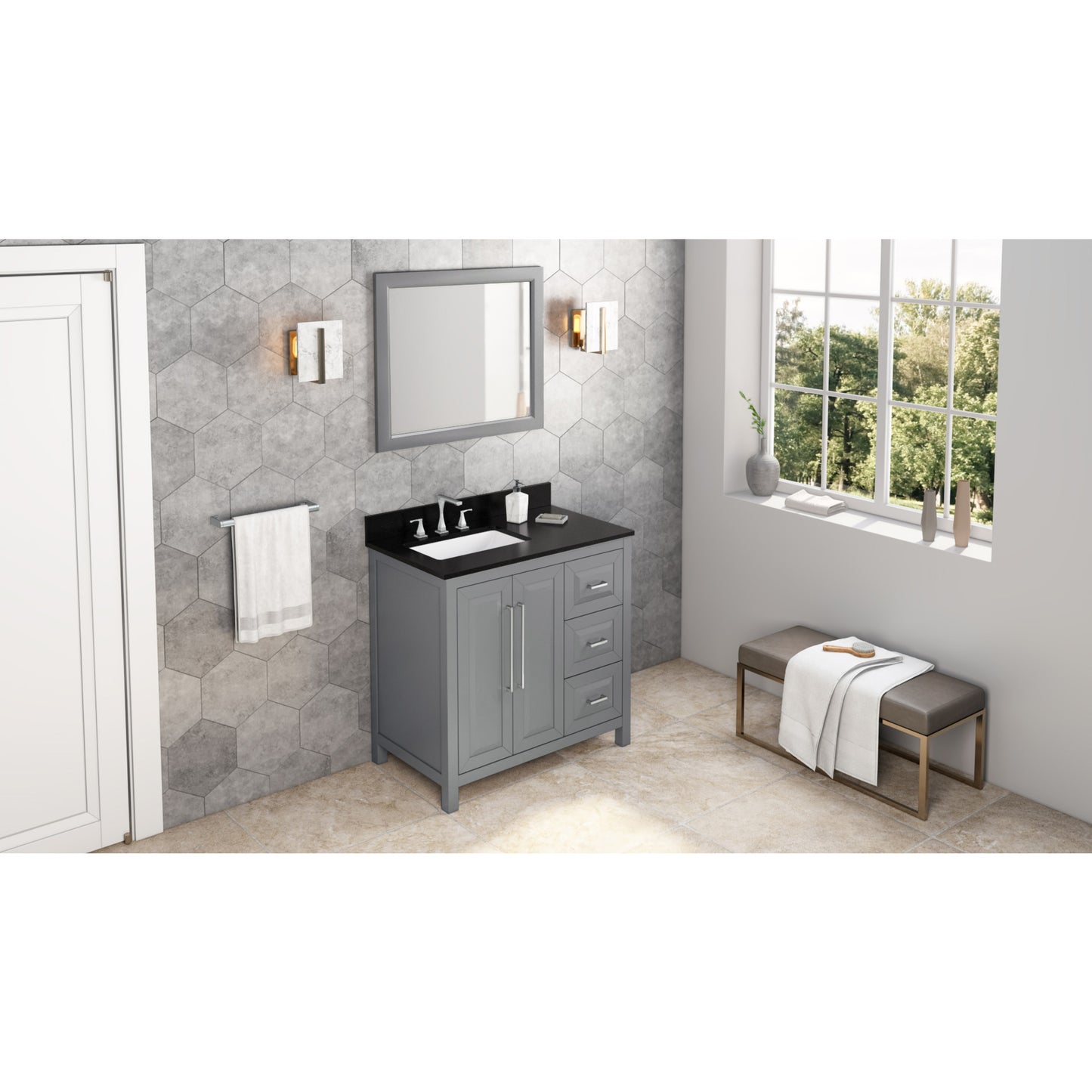 JEFFREY ALEXANDER VKITCAD36GRBGR 36" Grey Cade Vanity, left offset, Black Granite Vanity Top, undermount rectangle bowl - Grey