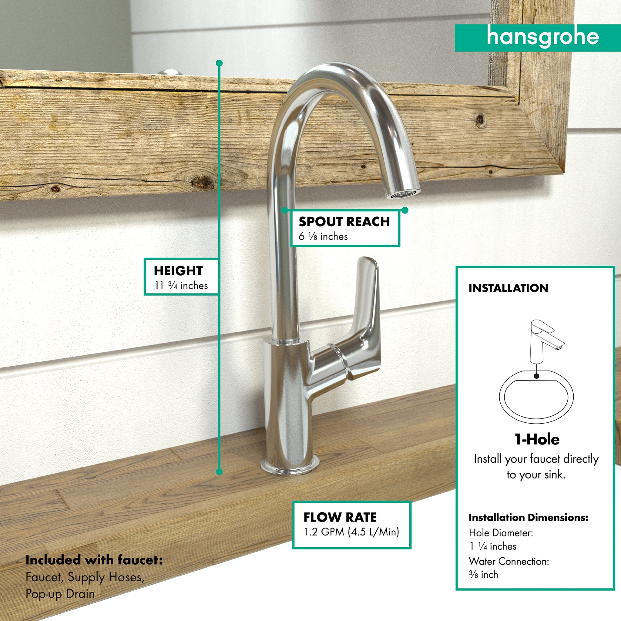 HANSGROHE 71130001 Logis Single-Hole Faucet 210 with Swivel Spout and Pop-Up Drain, 1.2 GPM - Chrome
