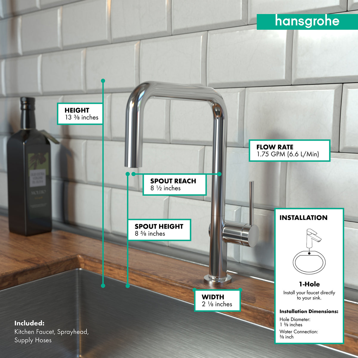 HANSGROHE 72858001 Talis N Kitchen Faucet, U-Style 1-Spray, 1.5 GPM - Chrome