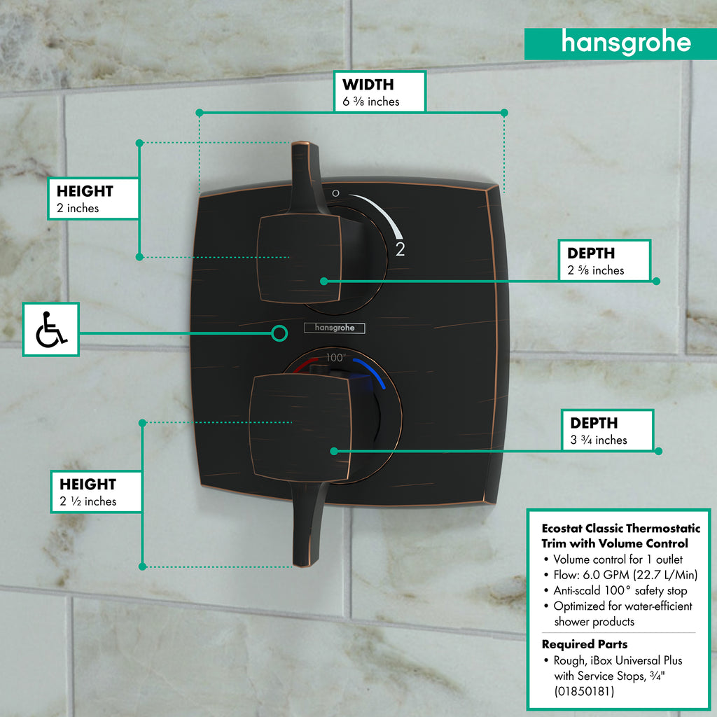 HANSGROHE 15727921 Ecostat Classic Thermostatic Trim with Volume Control, Square - Rubbed Bronze