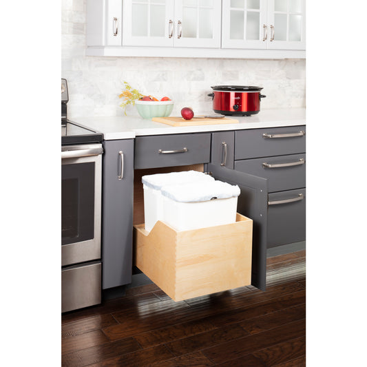 HARDWARE RESOURCES CAN-WBMD3518WH Double 35 Quart Wood Bottom-Mount Soft-close Trashcan Rollout for Hinged Doors, Includes Two White Cans - White