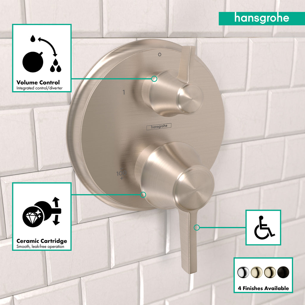 HANSGROHE 15753821 Ecostat Classic Thermostatic Trim with Volume Control and Diverter, Round - Brushed Nickel