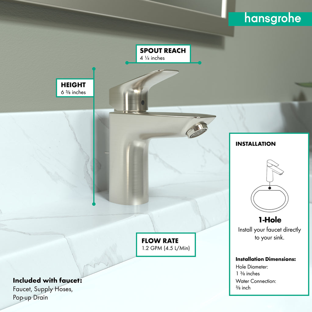 HANSGROHE 71100821 Logis Single-Hole Faucet 100 with Pop-Up Drain, 1.2 GPM - Brushed Nickel