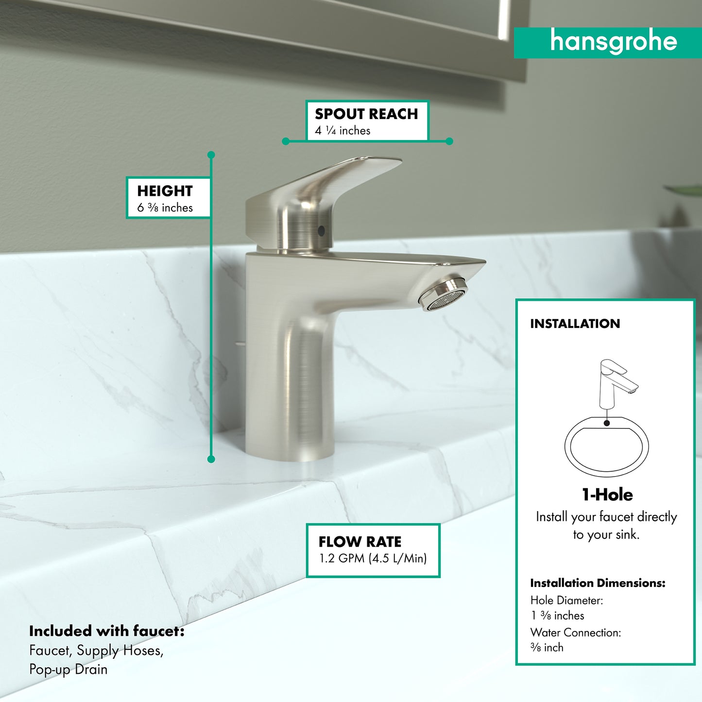 HANSGROHE 71100821 Logis Single-Hole Faucet 100 with Pop-Up Drain, 1.2 GPM - Brushed Nickel