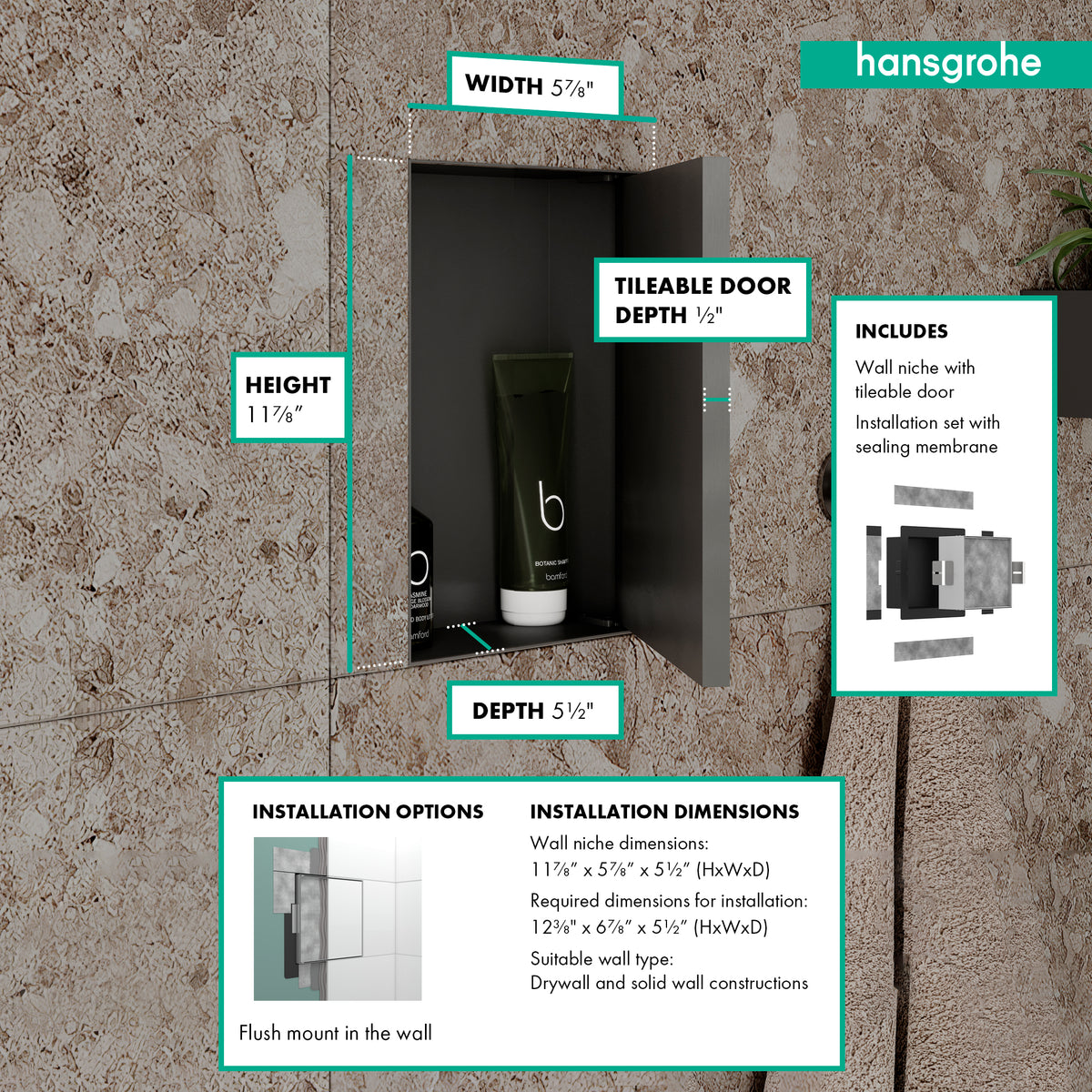 HANSGROHE 56088670 XtraStoris Rock Wall Niche with Tileable Door 12"x 6"x 5.5" - Matte Black