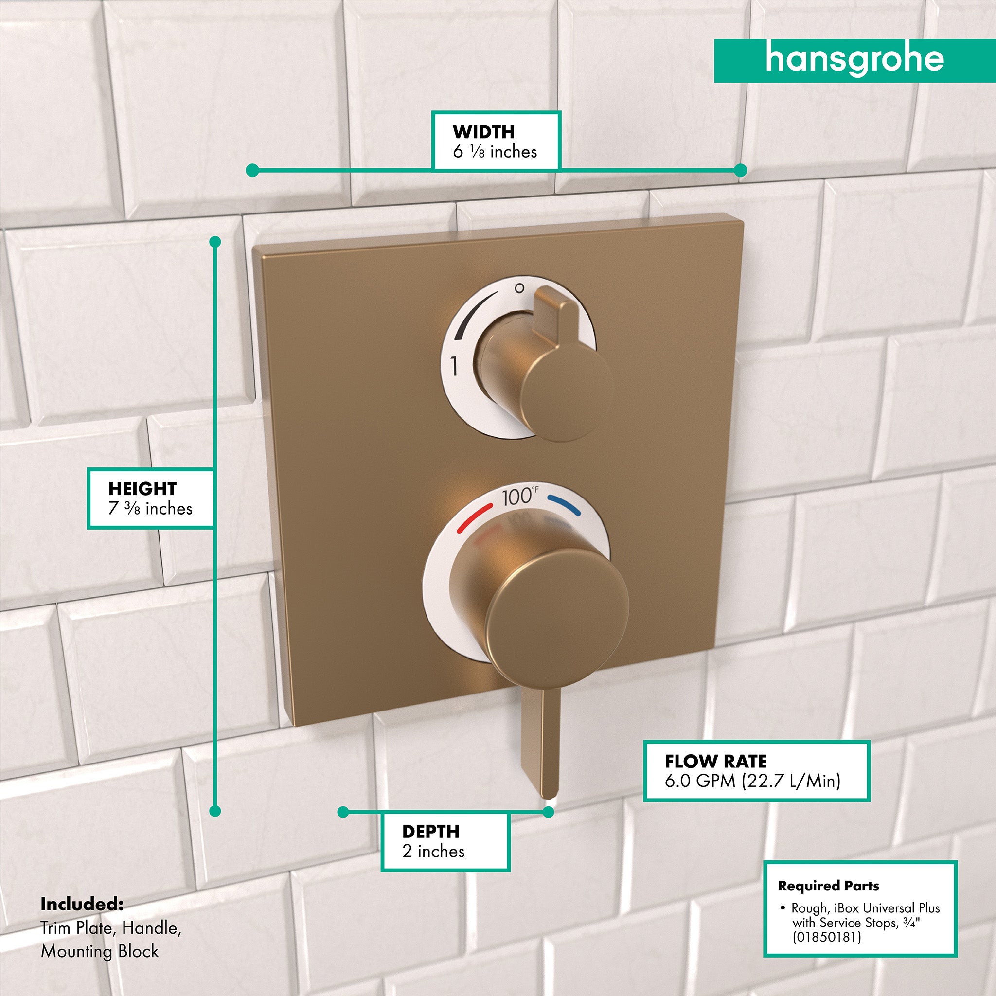 HANSGROHE 15714141 Ecostat Square Thermostatic Trim with Volume Control and Diverter - Brushed Bronze