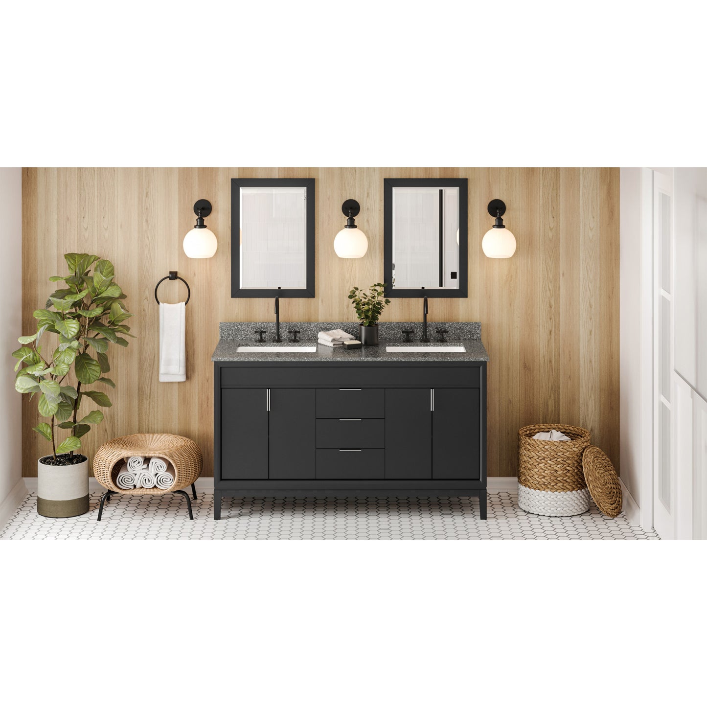 JEFFREY ALEXANDER VKITTHE60BKBOR 60" Black Theodora Vanity, double bowl, Boulder Cultured Marble Vanity Top, two undermount rectangle bowls , Black