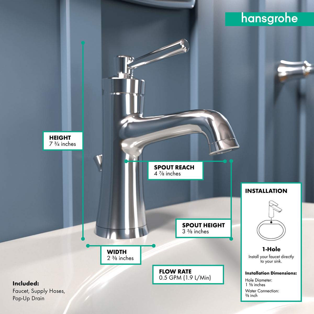 HANSGROHE 04773000 Joleena Single-Hole Faucet 100 with Pop-Up Drain, 0.5 GPM - Chrome