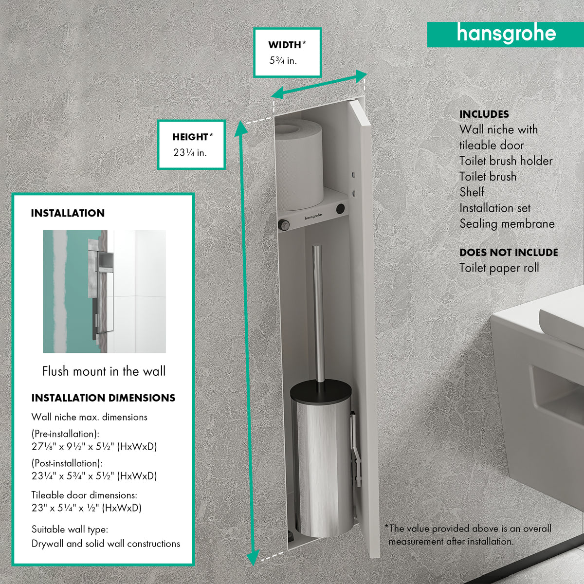 HANSGROHE 56060700 XtraStoris Rock Recessed Toilet Brush Holder with Shelf & Tileable Door - Matte White