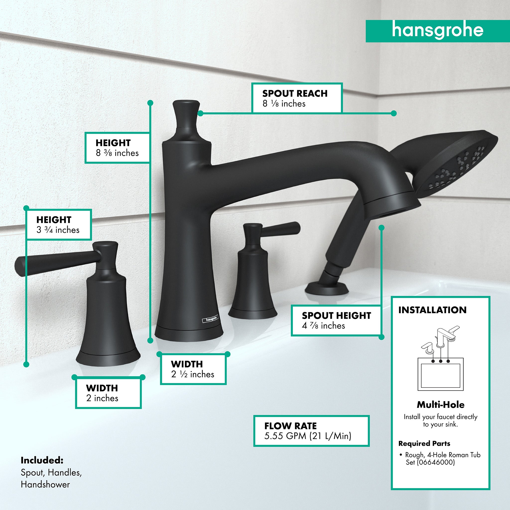 HANSGROHE 04777670 Joleena 4-Hole Roman Tub Set Trim with 1.75 GPM Handshower - Matte Black