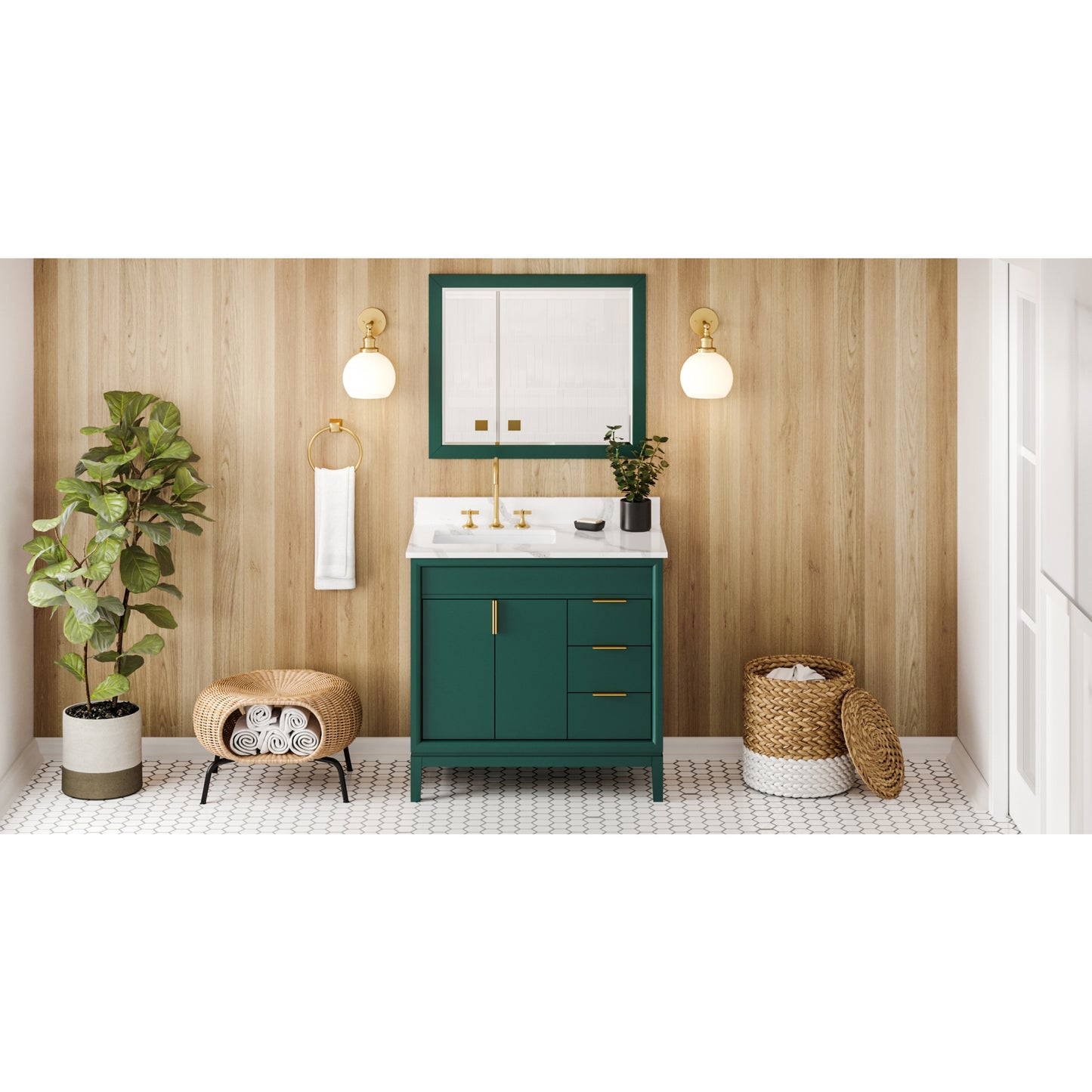 JEFFREY ALEXANDER VKITTHE36GNCQR 36" Forest Green Theodora Vanity, left offset, Calacatta Vienna Quartz Vanity Top, undermount rectangle bowl , Green