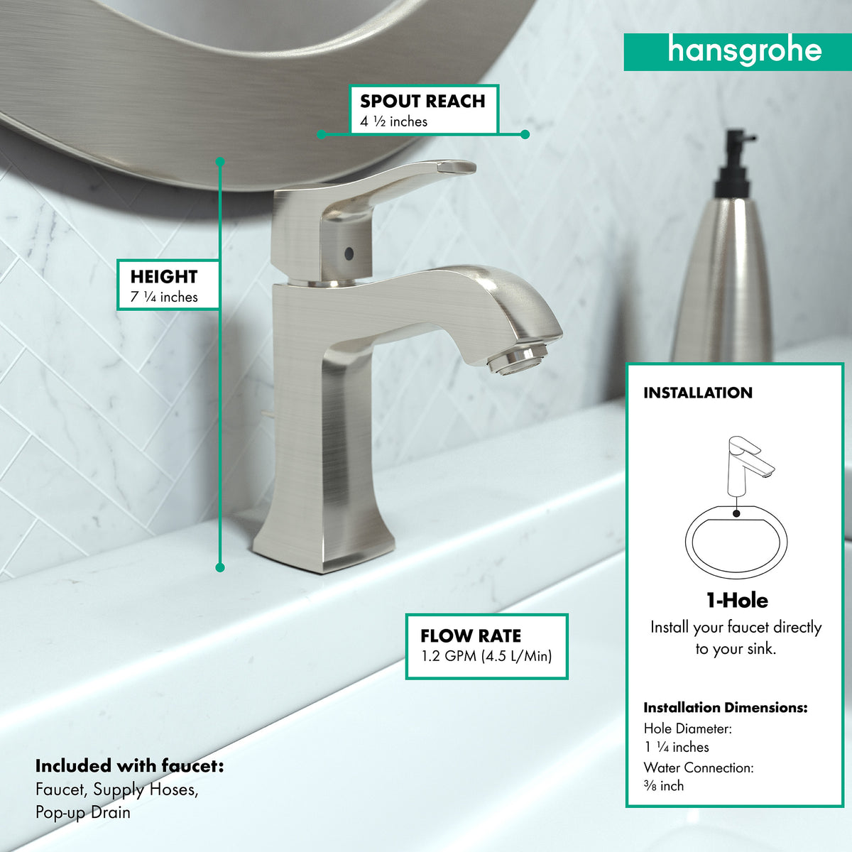 HANSGROHE 31075831 Metris C Single-Hole Faucet 100 with Pop-Up Drain, 1.2 GPM - Polished Nickel