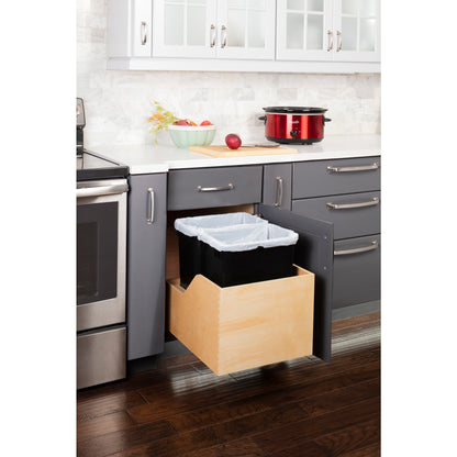 HARDWARE RESOURCES CAN-WBMD3518B Double 35 Quart Wood Bottom-Mount Soft-close Trashcan Rollout for Hinged Doors, Includes Two Black Cans - Black