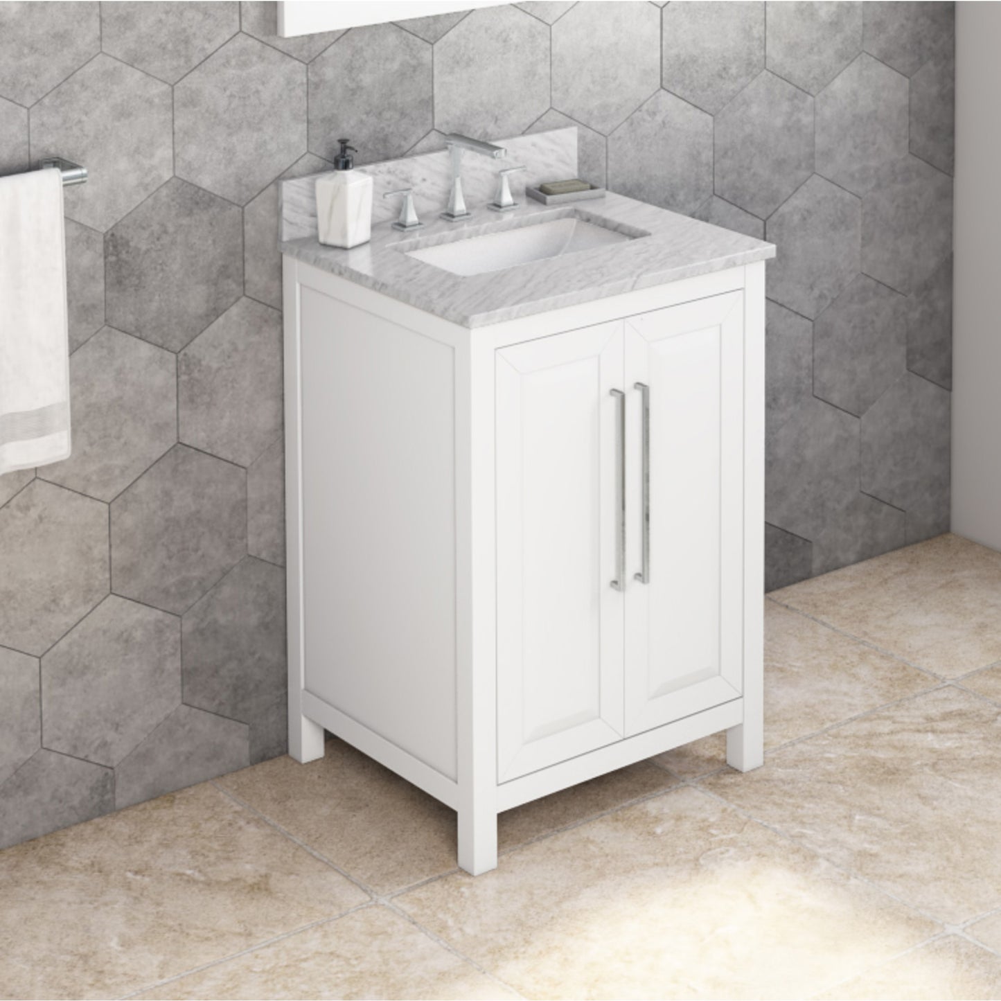 JEFFREY ALEXANDER VKITCAD24WHWCR 24" White Cade Vanity, White Carrara Marble Vanity Top, undermount rectangle bowl - White